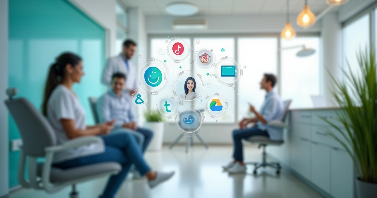 Consulta odontológica moderna em clínica com gráficos digitais ao fundo