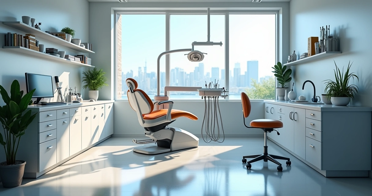 Consultório odontológico com móveis organizados e iluminação adequada.