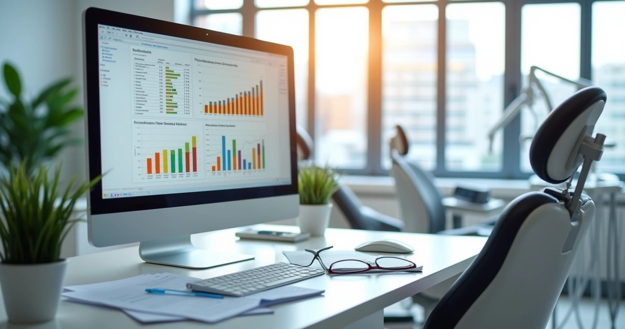 Monitor com painel de indicadores financeiros e gráficos em consultório odontológico 