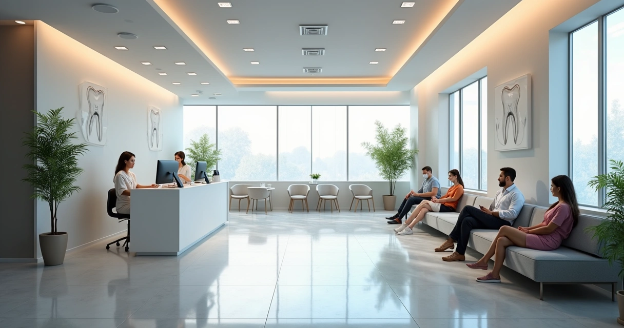 Recepção moderna de clínica odontológica com ambiente iluminado e equipe trabalhando. 