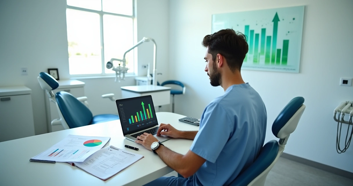 Dentista analisando custos em consultório odontológico moderno 