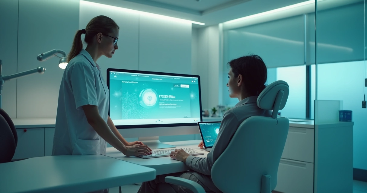 Dentista em consultório moderno usando computador com site odontológico e recursos de IA na tela 