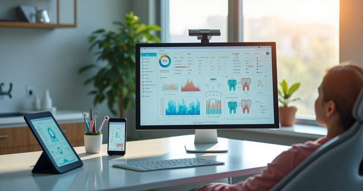 Consultório odontológico moderno com tela mostrando prontuário digital