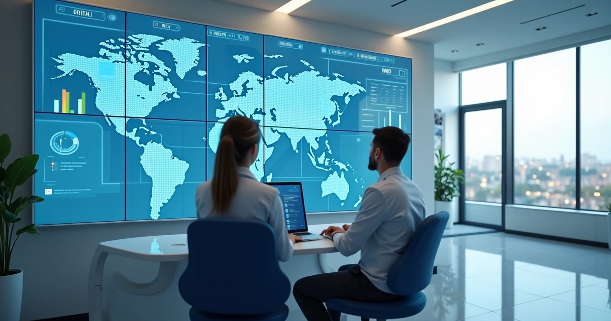 Consultório odontológico moderno com painel de IA, gráficos digitais, paciente e dentista juntos 