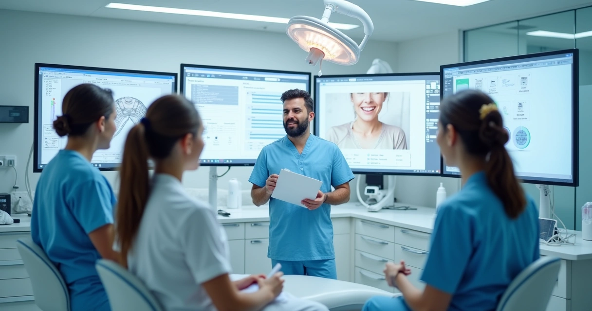 Consultório odontológico moderno com integração de tecnologia digital e equipe em treinamento.