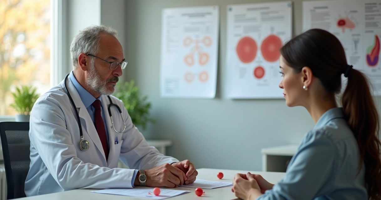 Onco-hematologista conversando com paciente adulto em consultório moderno 