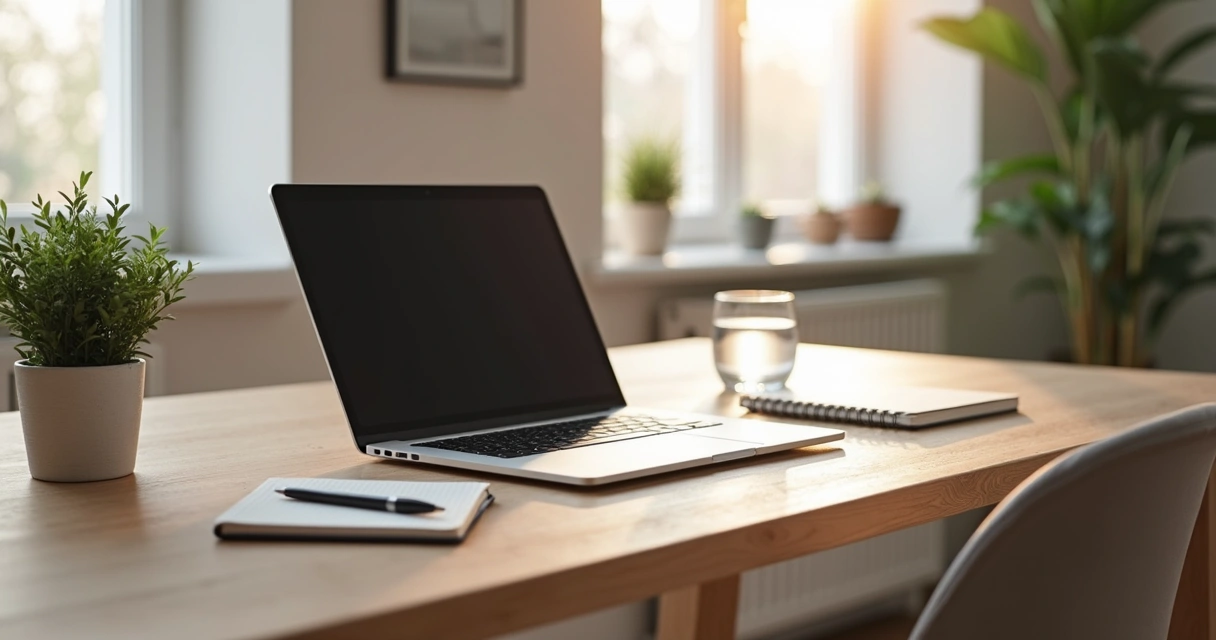 Mesa com notebook, caderno e caneta em ambiente acolhedor
