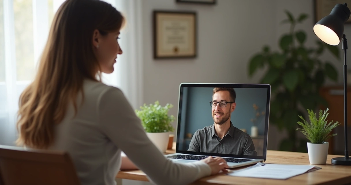 Psicanalista em atendimento online via videoconferência com paciente brasileiro 