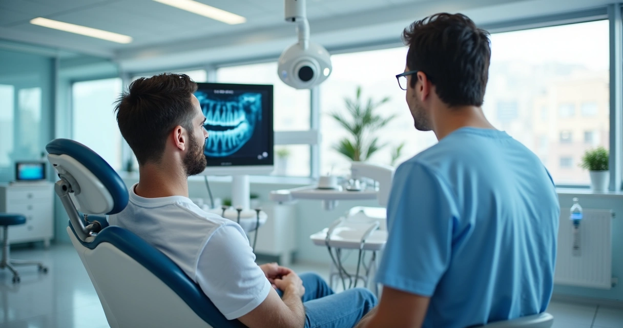 Paciente sentado realizando avaliação ortodôntica em consultório moderno 