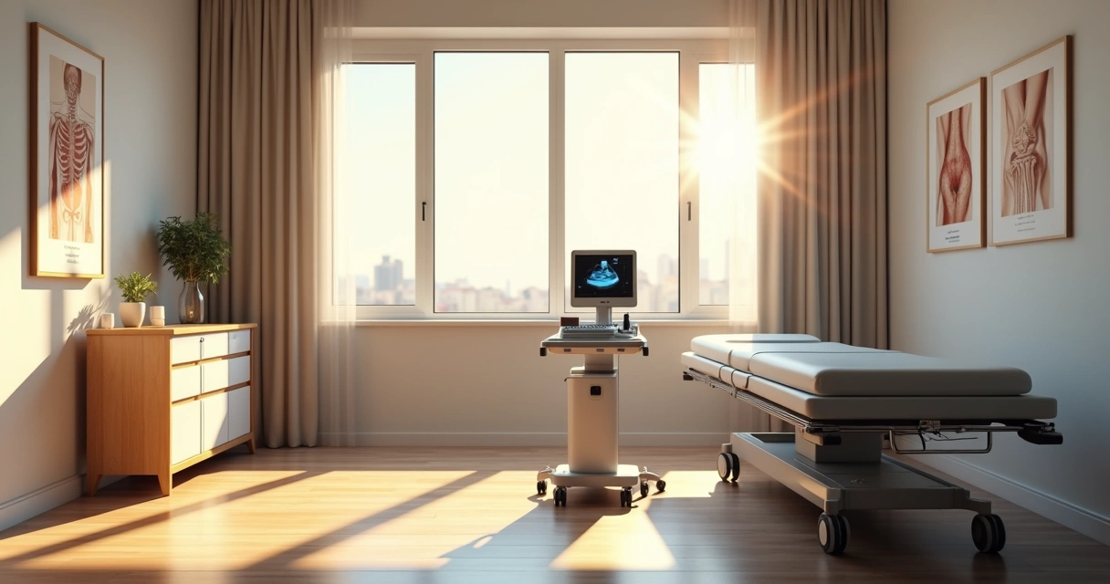 Sala de consultório ortopédico iluminada, com ultrassom e equipamentos de fisioterapia