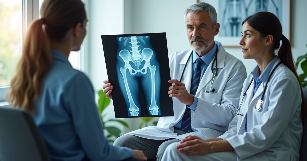 Consulta entre ortopedista e paciente sentado, analisando radiografia do quadril 