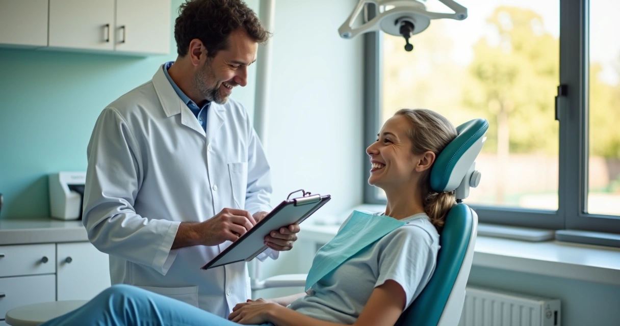 Paciente sentado na cadeira odontológica sorrindo enquanto dentista ao lado faz anotações na ficha
