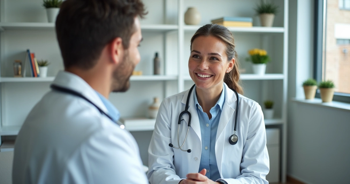 Consultório com médico conversando sorridente com paciente motivado 