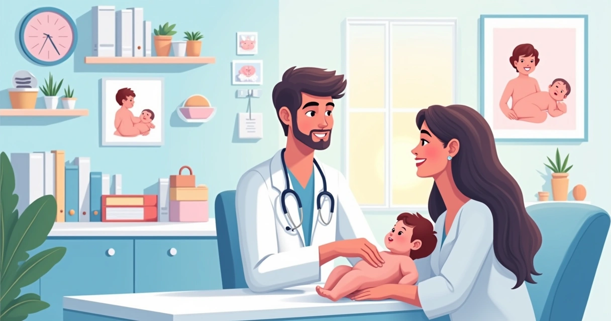 Consultório pediátrico com um pediatra examinando um recém-nascido. Ambiente acolhedor e colorido.