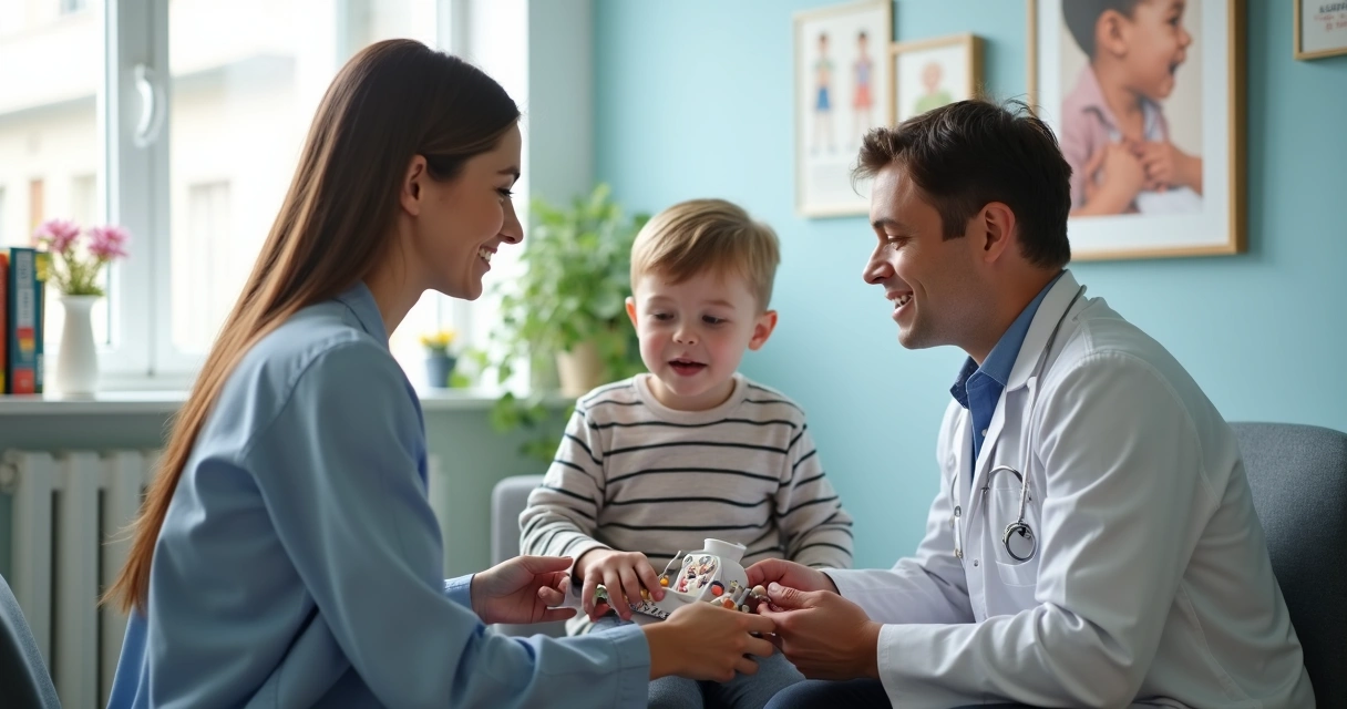 Consulta pediátrica com orquidômetro e mãe ao lado da criança