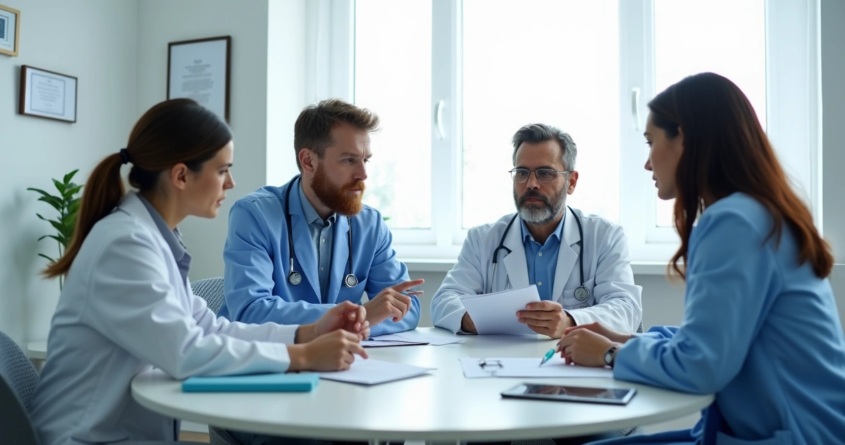 Funcionários discutem checklist em clínica médica 