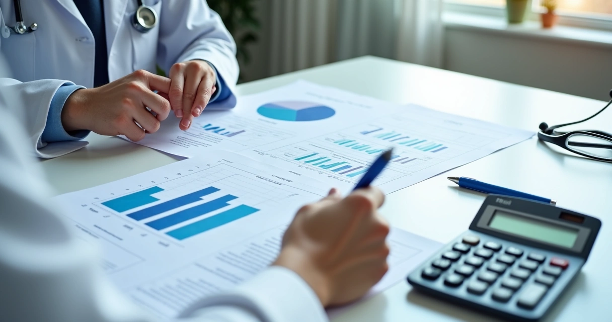 Mesa de consultório médico com gráficos e calculadora.