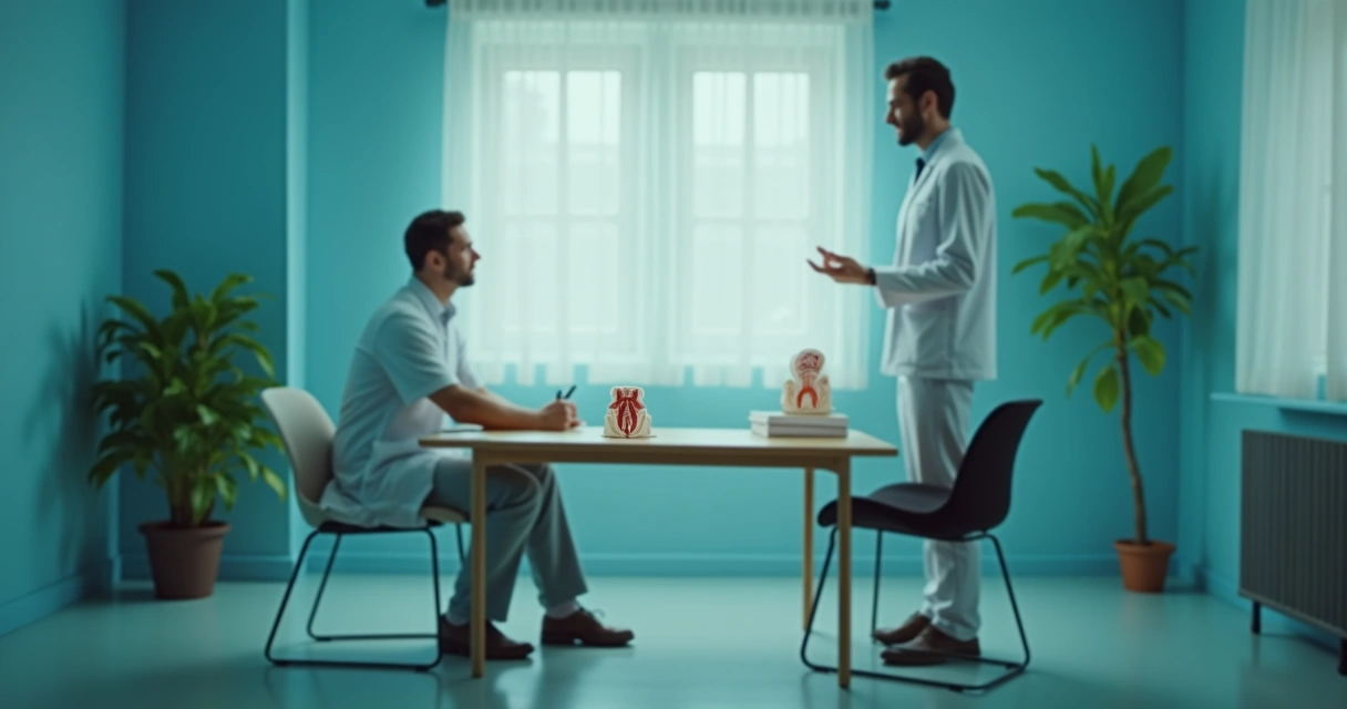 Consultório médico com um modelo anatômico do sistema reprodutivo masculino e médico explicando. Azul e verde suaves.