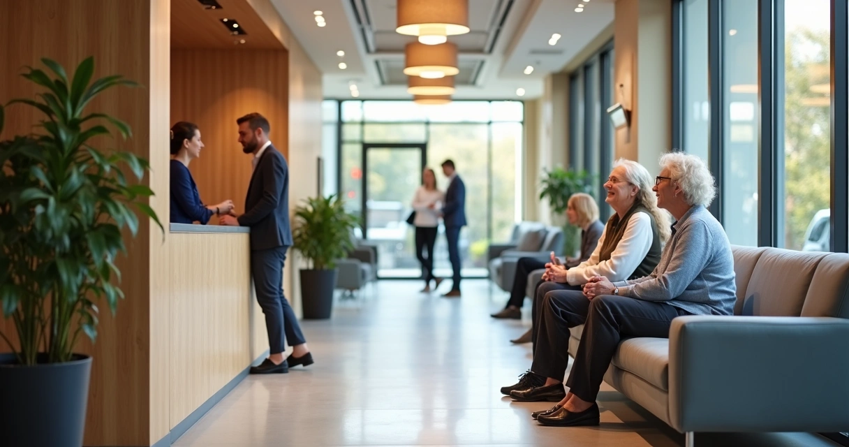 Recepção de consultório médico com estrutura confortável para público adulto e maduro