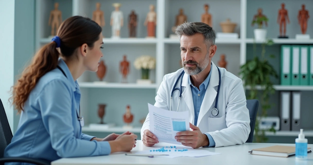 Médico conversando com paciente em consultório sobre uso de PrEP e outros medicamentos.