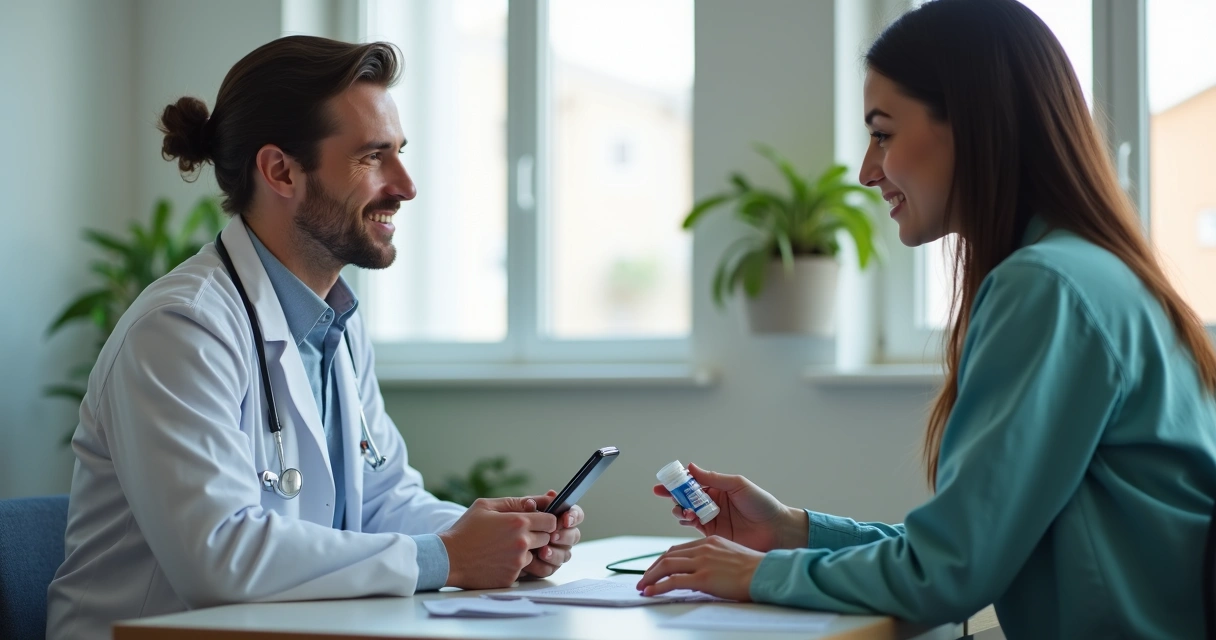 Profissional da saúde discutindo PrEP com paciente em consultório moderno