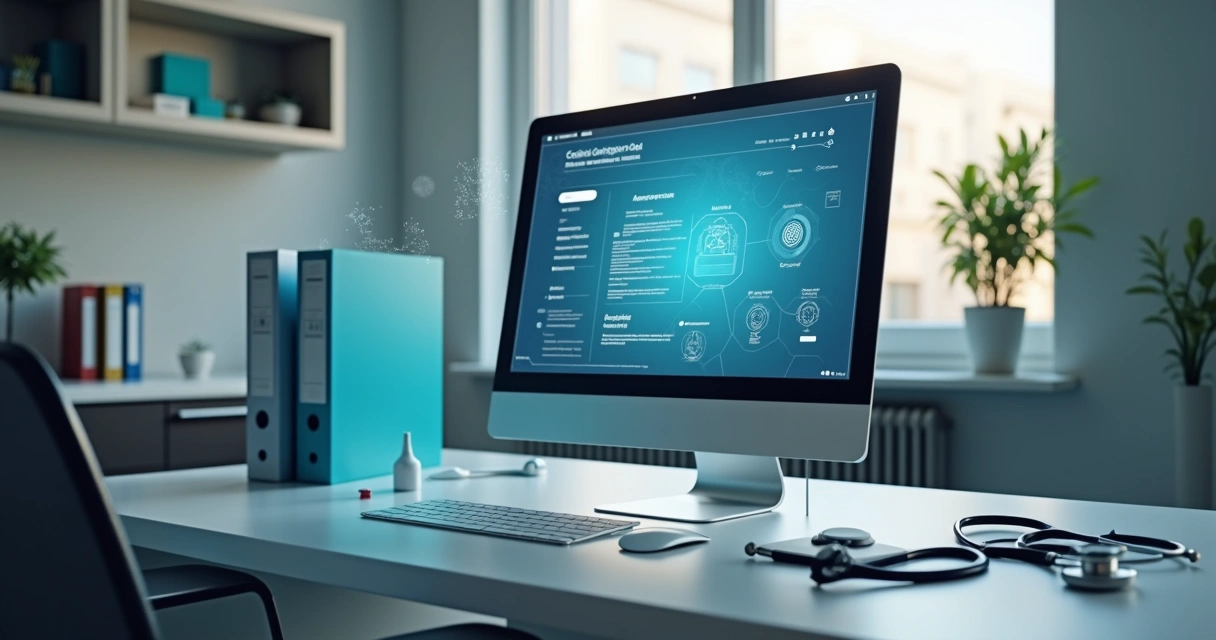 Consultório médico moderno com ambiente digital, tela mostrando configurações de privacidade ao lado de materiais médicos. 