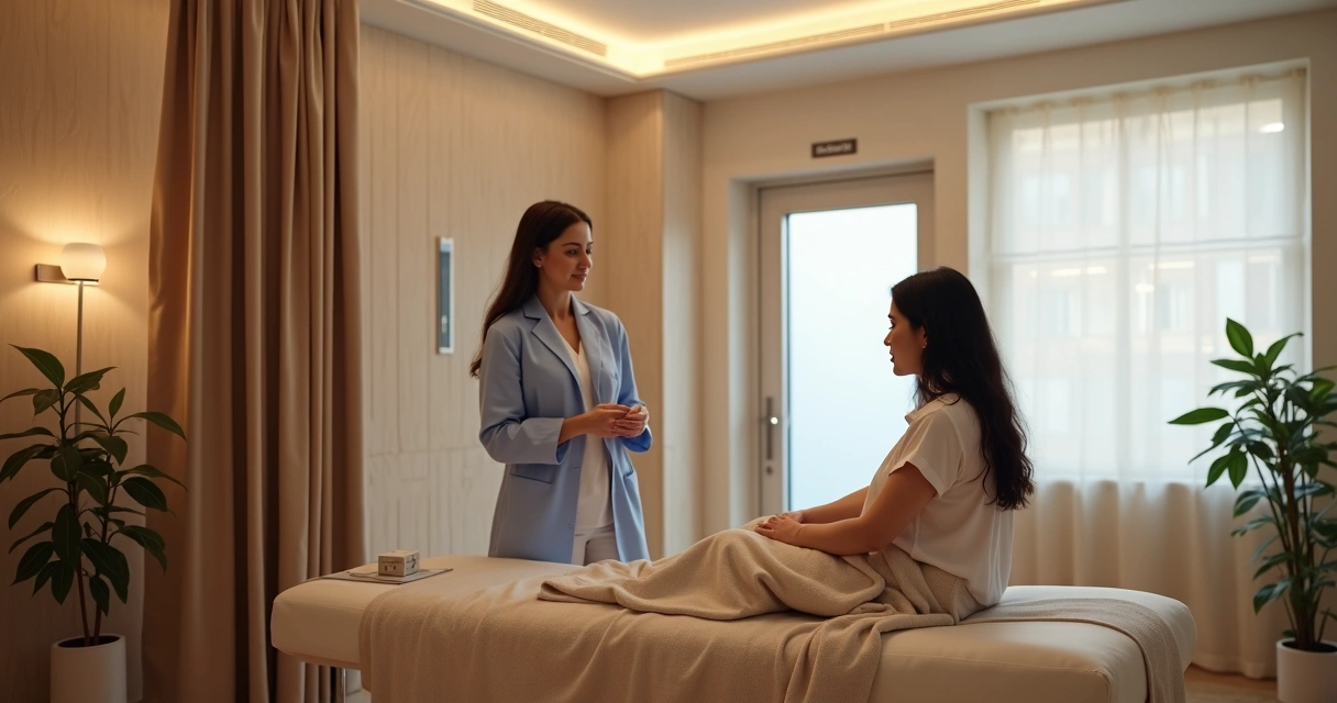 Médica fecha cortina de consultório enquanto paciente mulher senta relaxada ao lado de biombo. 
