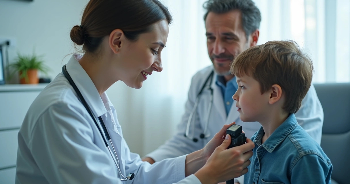 Profissional da saúde usando orquidômetro em consultório particular com criança acompanhada de responsável