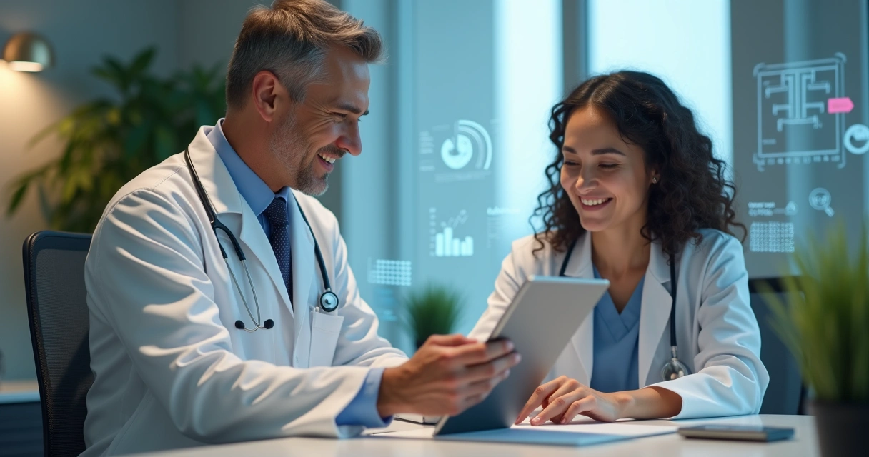 Consultório médico moderno com médico mexendo em tablet, paciente e elementos digitais 