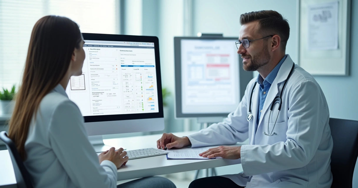 Consultório médico com paciente e prontuário digital na tela do computador 