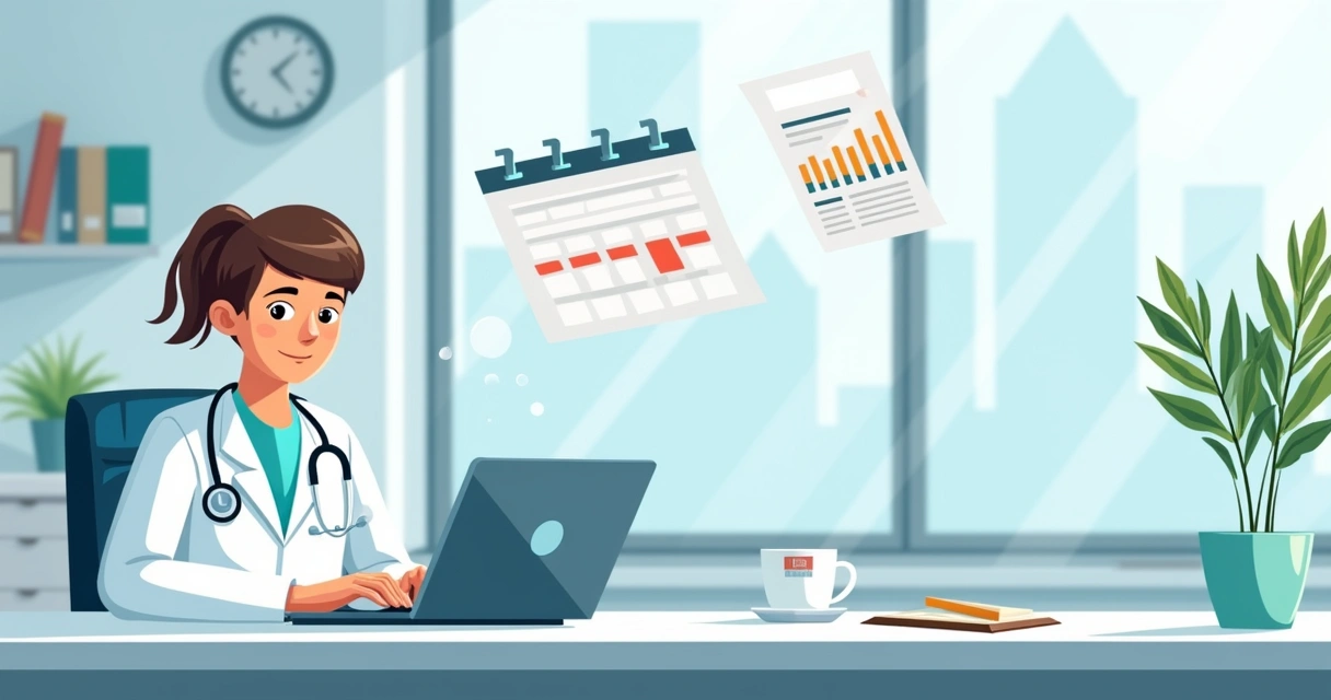 Médico utiliza notebook em consultório moderno