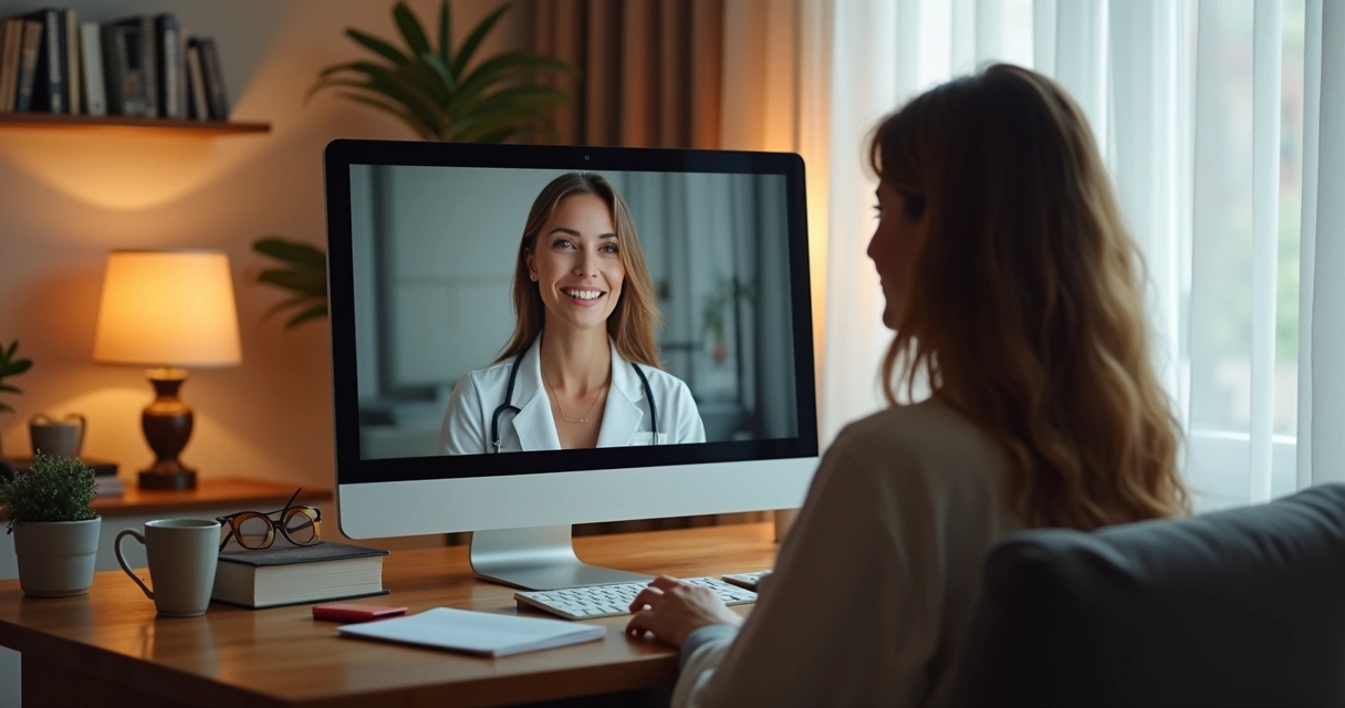 Consultório online com tela dividida entre psicanalista e paciente em videoconferência 