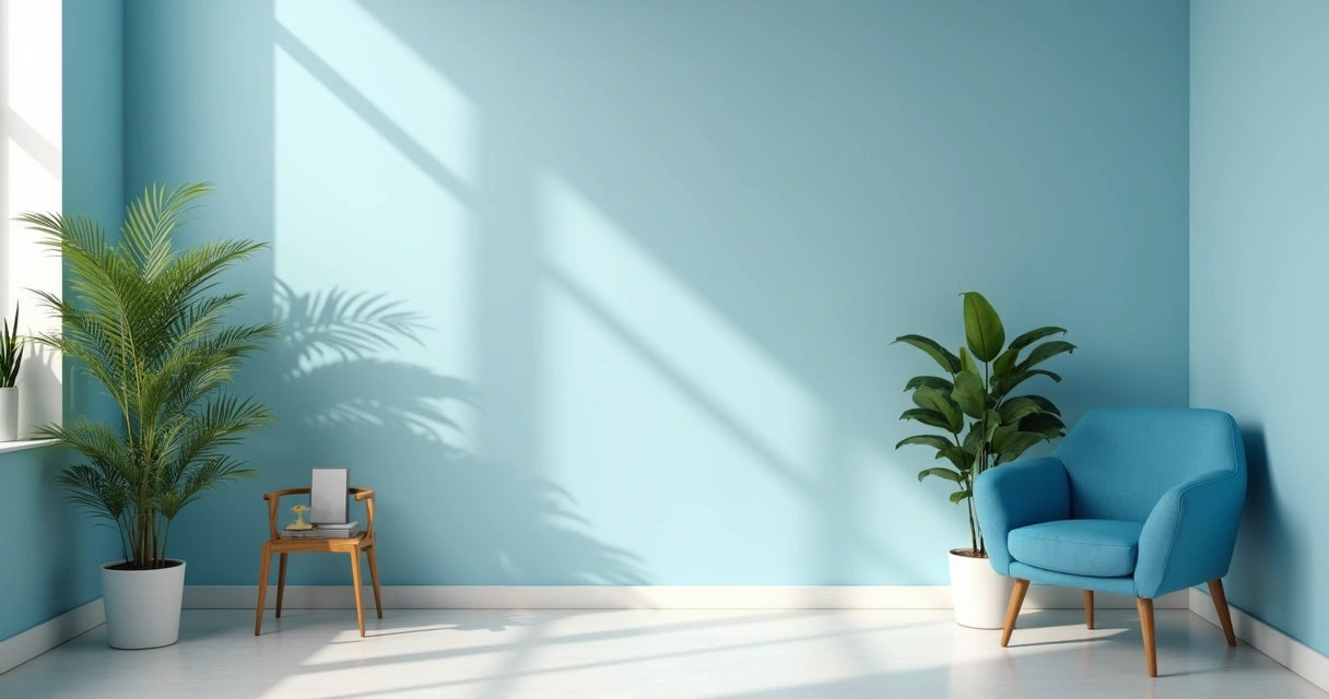 Sala de psicologia com tons calmantes, poltrona azul e plantas.