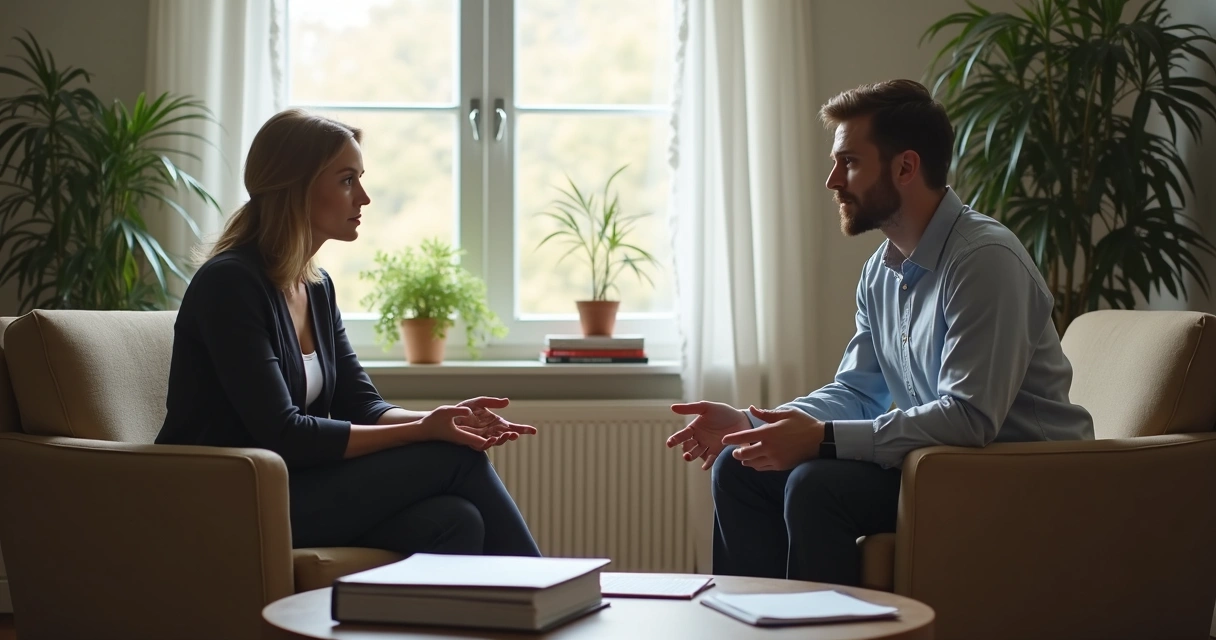 Paciente e psicólogo em consultório, luz natural e ambiente acolhedor