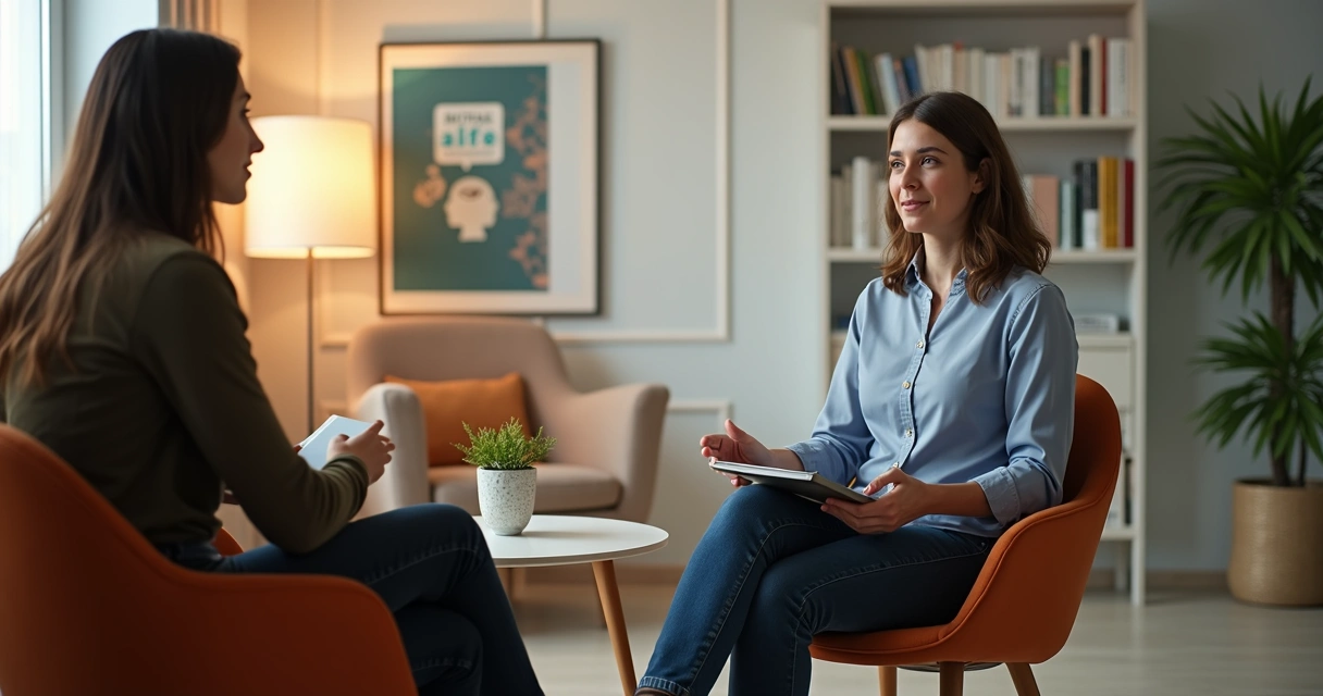 Psicólogo conversando com paciente em consultório confortável 