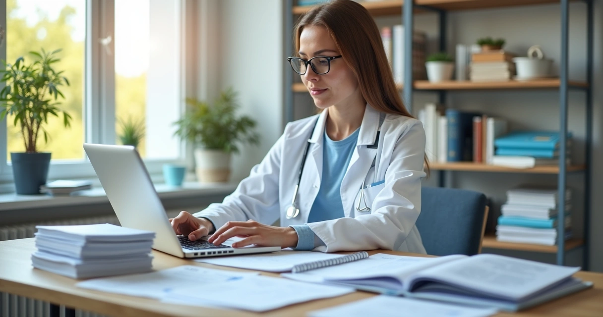 Psicólogo em consultório analisando documentos de impostos 