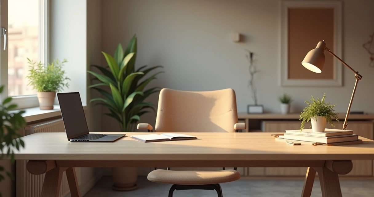 Consultório moderno com mesa, poltrona e notebook aberto sobre a mesa 