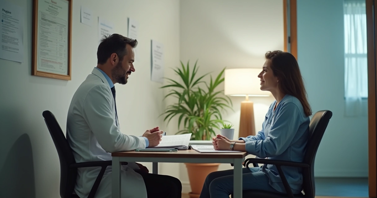 Consultório de psiquiatria com médico e paciente conversando 