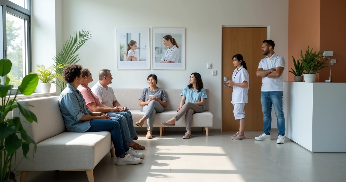 Sala de espera de clínica moderna com pacientes aguardando consulta 