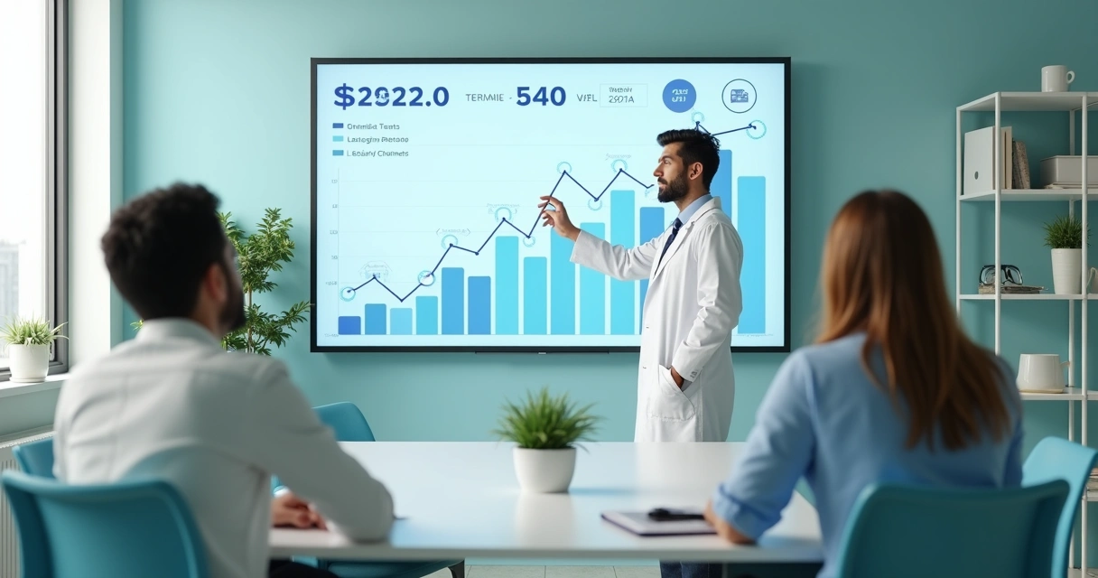 Equipe médica analisando resultados digitais clínica 