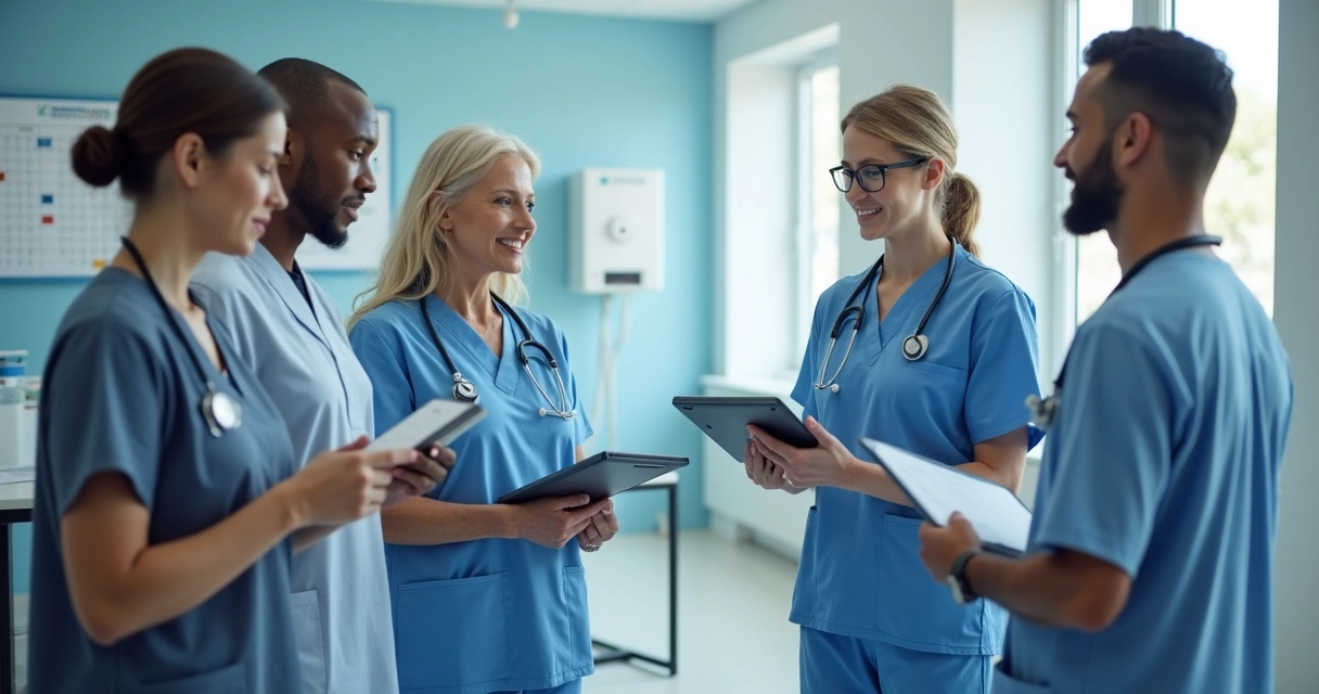 Equipe multidisciplinar de saúde em consultório realizando exames ocupacionais em funcionários de uniforme 