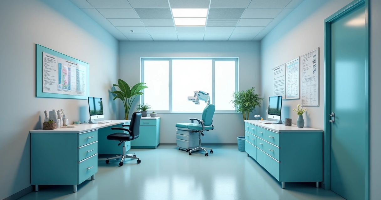 Consultório médico de saúde ocupacional organizado com mesa, computador e equipamentos de exame clínico 