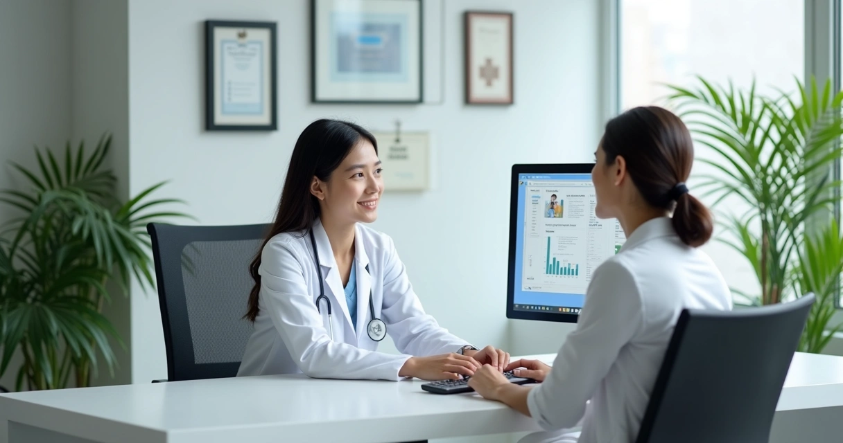 Consultório médico com médico atendendo paciente em ambiente moderno 
