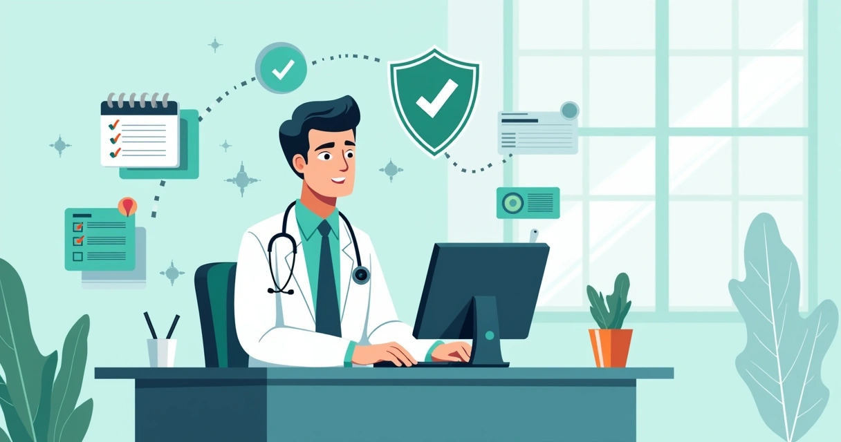 Ilustração estilo flat corporativo de médico usando computador com escudo de segurança digital e documentos protegidos ao redor em consultório 