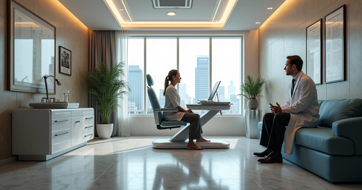 Consultório médico luxuoso, com paciente e médico em atendimento 