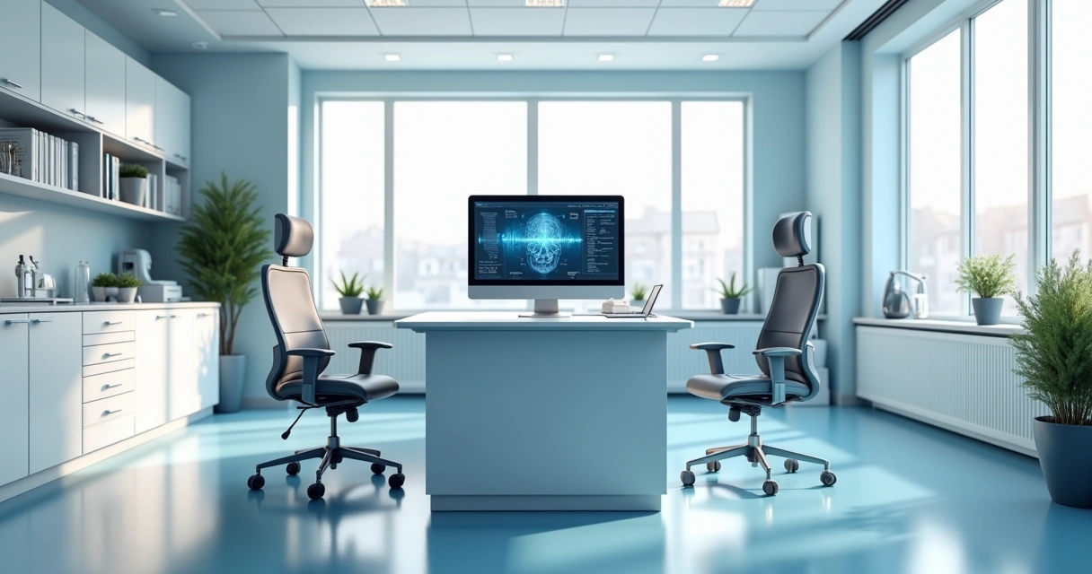 Sala de consultório médico moderna com computador, ambiente organizado, luz natural e detalhes tecnológicos 