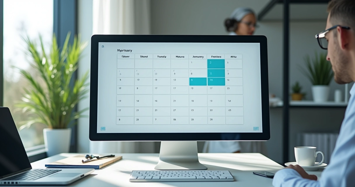 Computador exibindo agenda online em consultório moderno 