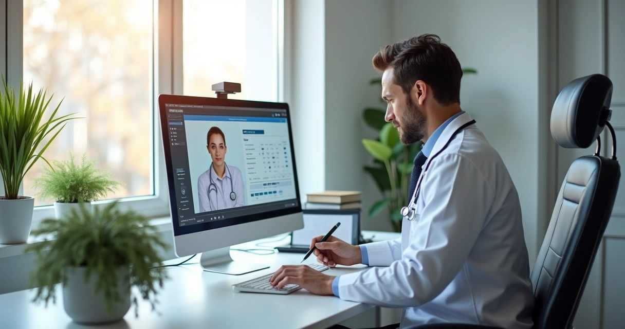 Consultório virtual moderno com computador e prontuário