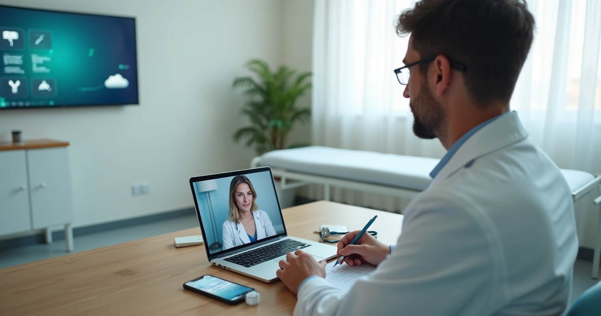 Médico em consultório tradicional conduzindo teleconsulta em notebook 