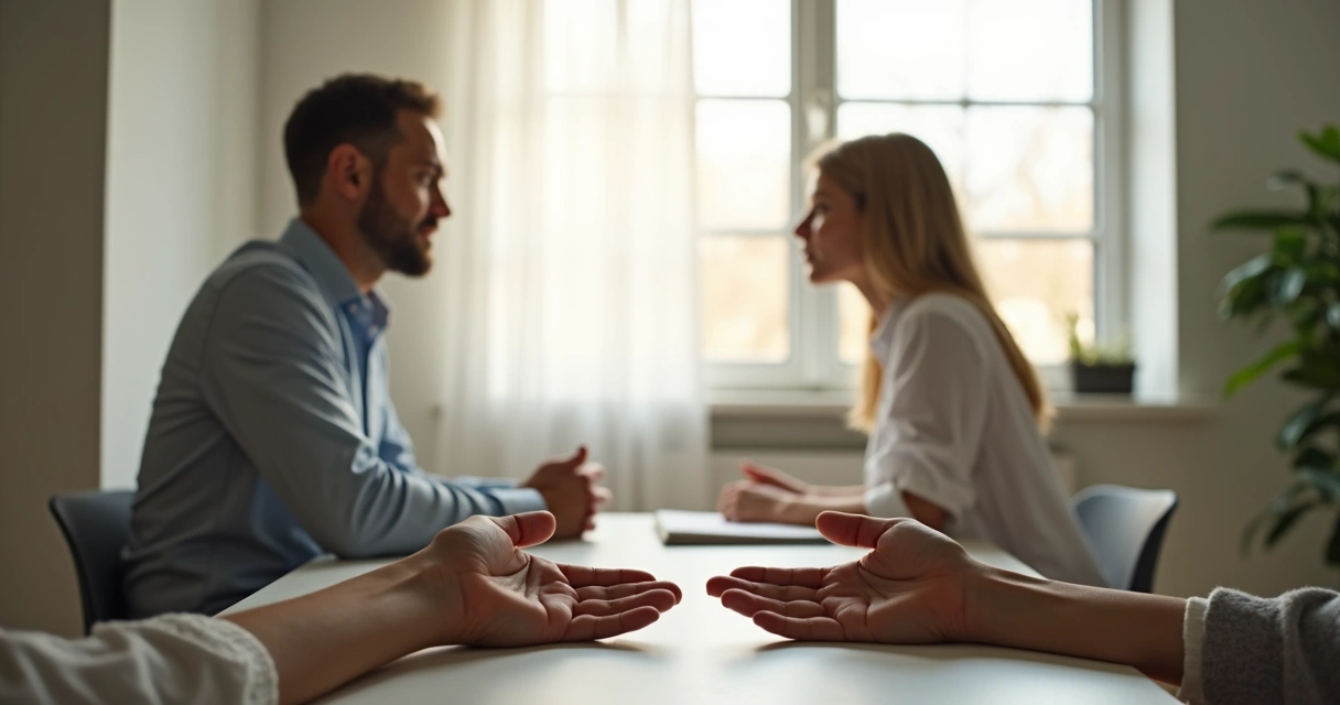 Consultório de terapia com terapeuta e paciente sentados de frente e expressão neutra 